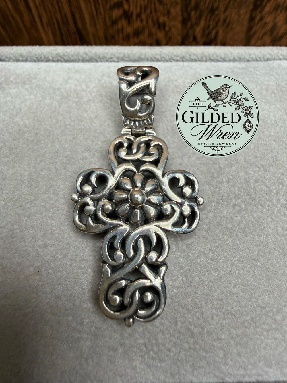 925 Sterling Silver Floral Scroll Cross Pendant Ornate Openwork 8.67g 2.2”